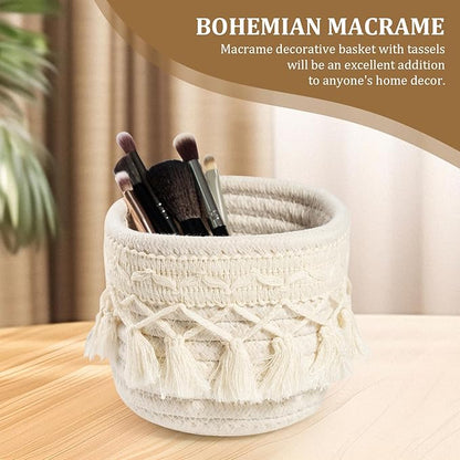 HEAVYWOOD Macrame Makeup Brush Holder Organizer 4.7''x3.9'' Mini Makeup Containers Boho Small Round Storage Basket Tassels Fringe Decorative Pencil Holder Set of 2 (4.7''x3.9'', Cream)