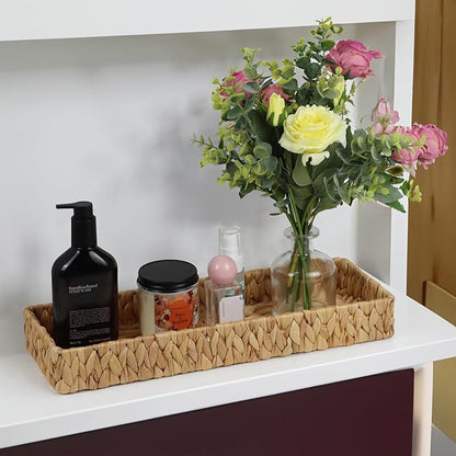 Bathroom Vanity Tray, 16.7 Inch Water Hyacinth Toilet Tank Baskets, Long Wicker Counter Tray for Paper Hand Towel, Bathroom Counter Organizer for Decor Coffee Table (16.7" x 6" x 2")