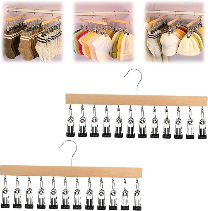 Closet Organizer with 12 Clips, 2026 New Space Saving Hanging Closet Organizer, Hat Scarf Clothespins for Legging Jeans Skirts Socks Pant Hangers (Wood-12 Clips, 2 Pcs)