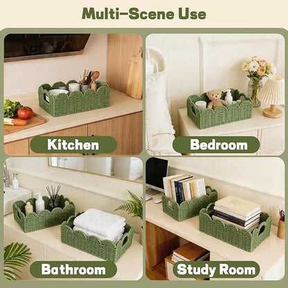 Hand Woven Paper Rope Scalloped Edge Decor Baskets for Home,Living Room, Bedroom,Storage over Above Behind Flush Tank,Toilet Basket,end Table,Shelves-Easily Fit with or Bedroom Decor,Set 3(Green)