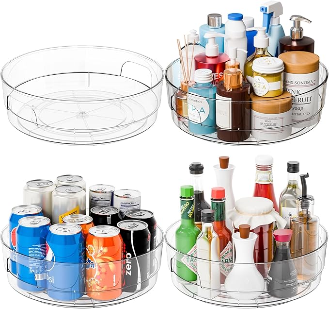 Yieach 4 Pack 12" W Clear Acrylic Lazy Susan Turntable for Cabinet,Refrigerator,Pantry and Kitchen - with Handle - Large Fridge Sauce Condiment Turn Table Organizer,Spinning Round Spice Rack Carousel
