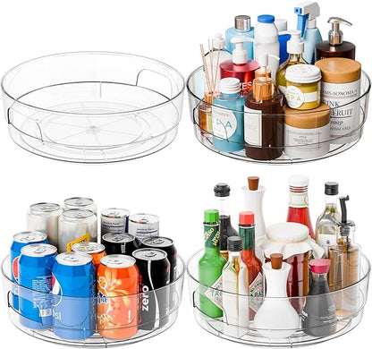 Yieach 4 Pack 12" W Clear Acrylic Lazy Susan Turntable for Cabinet,Refrigerator,Pantry and Kitchen - with Handle - Large Fridge Sauce Condiment Turn Table Organizer,Spinning Round Spice Rack Carousel