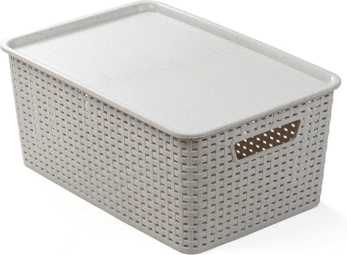 BINO | Plastic Storage Baskets with Lids, 15.5 Liter - 3 Pack, Natural Grey | THE WOVEN COLLECTION | Storage Basket for Shelves | Woven Storage Baskets for Organizing Bins | Pantry Shelf Organizer Bin