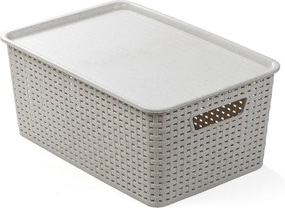 BINO | Plastic Storage Baskets with Lids, 15.5 Liter - 3 Pack, Natural Grey | THE WOVEN COLLECTION | Storage Basket for Shelves | Woven Storage Baskets for Organizing Bins | Pantry Shelf Organizer Bin