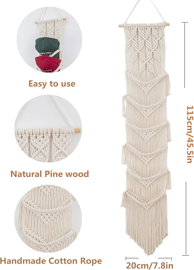 Macrame Cap Holder - Boho Hats Organizer, Six Hat Rack for Wall Mounting Decoration & Collection Display