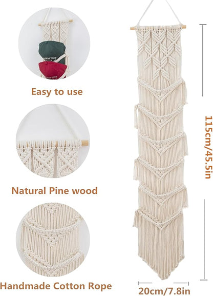 Macrame Cap Holder - Boho Hats Organizer, Six Hat Rack for Wall Mounting Decoration & Collection Display