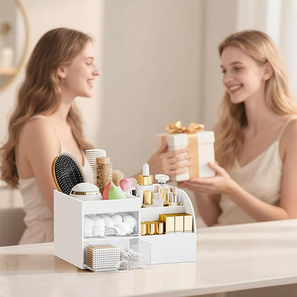 Makeup Organizer with 2 Drawers, Makeup Organizers Countertop for Vanity and Bathroom, Make up organization and Skincare Storage with Brush Holder, for Dresser, Desktop, Cosmetic Display Case (White)