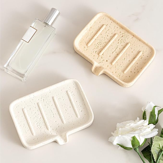 Soap Dish Self Draining Bar Soap Holder Travertine Stone Look Sponge Holders Tray for Shower Bathroom Kitchen Bathtub,Perfect for Dispenser,Scrubber,Bottle,Cup on Sink or Counter (Yellow)