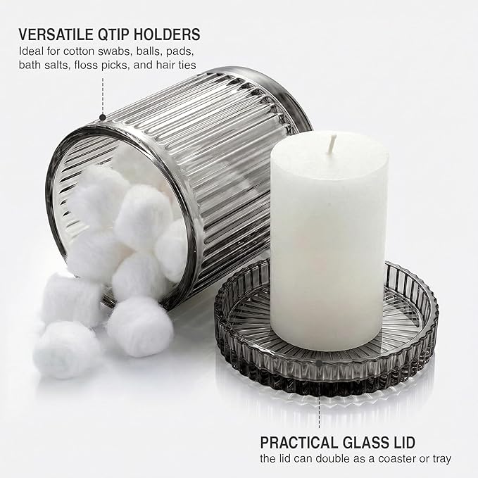 2 Pack Qtip Holder - Apothecary Jars with Lids, Bathroom Organizers and Storage Canister for Cotton Balls,Swabs,Floss Picks,Hair Ties,Clear Glass Vintage Bathroom Decor Jar Set (Gray)