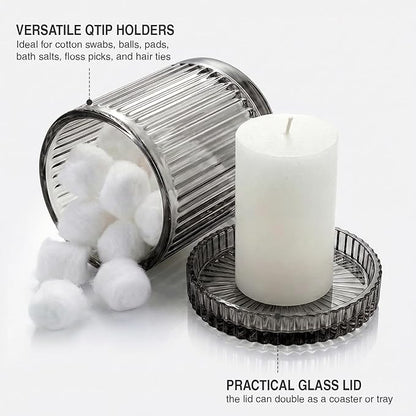 2 Pack Qtip Holder - Apothecary Jars with Lids, Bathroom Organizers and Storage Canister for Cotton Balls,Swabs,Floss Picks,Hair Ties,Clear Glass Vintage Bathroom Decor Jar Set (Gray)