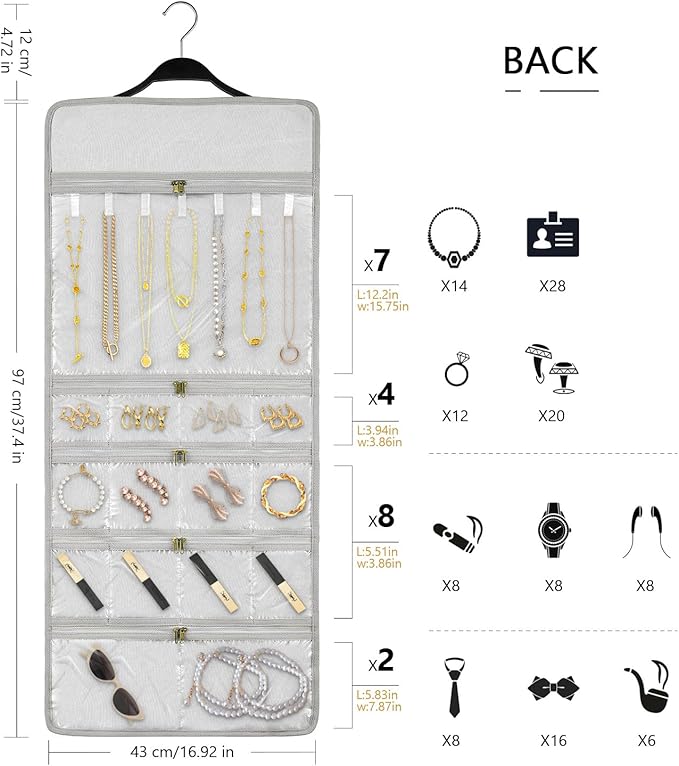 SMRITI Hanging Jewelry Organizer with Dual Zippered Pockets Canvas Double Sided Rotating Hanger Necklace Hanging Wall Organizer Earring Dustproof Holder Wall Mount Accessories Display Bag(Light Grey)