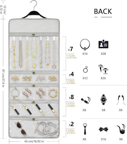 SMRITI Hanging Jewelry Organizer with Dual Zippered Pockets Canvas Double Sided Rotating Hanger Necklace Hanging Wall Organizer Earring Dustproof Holder Wall Mount Accessories Display Bag(Light Grey)