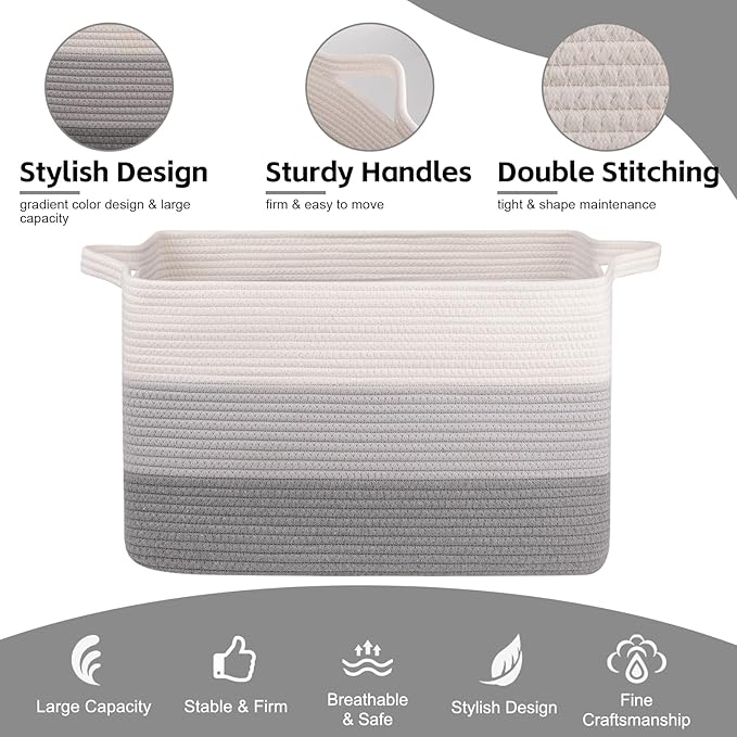 OIAHOMY Large Blanket Basket, 65L Cotton Rope Woven Laundry Basket, Toy Bin for Baby Room, Container for Blanket Storage in Living Room, 20''×16''×12'', Gradient Grey