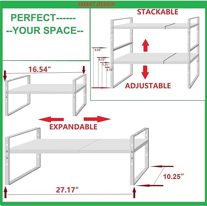Jojocross Expandable Stackable Spice Rack Cabinet Shelf Organizer in Cabinets Shelves Kitchen Cupboard Organization Stack up Racks Pantry Countertop Storage Large/White 1 Pack