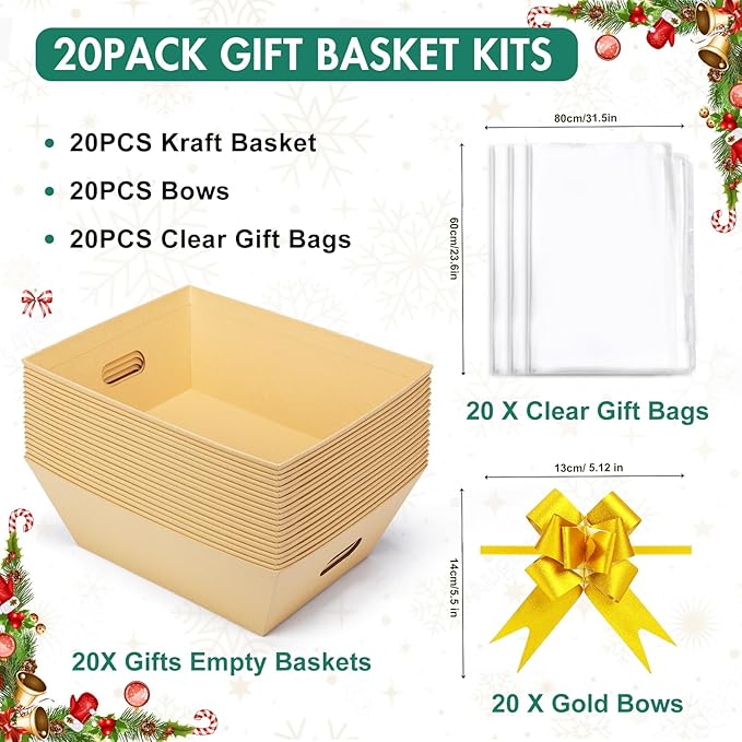 AFOROEOA 20PACK Baskets for Gifts Empty, 10x12”Thick Kraft Gift Basket with 20 Bows 20 Bags Empty Gift Baskets for Christmas, Valentine’s Day, Easter, Birthdays, Snacks, Farmers Market