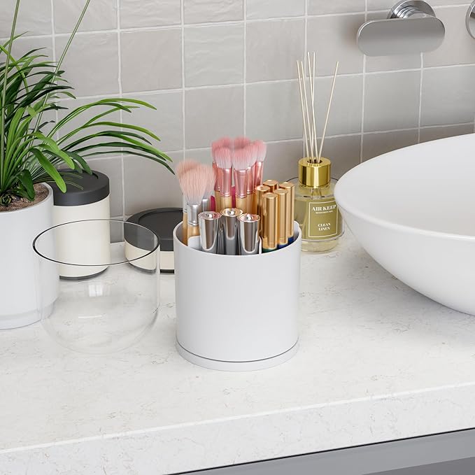Yieach Makeup Skincare Organizer for Face Care Beauty Product,and Countertop Makeup Organizer with Cover,Make up Brush Holder,Large Capacity Cosmetic Storage Box & Caddy for Bathroom,Dresser,White