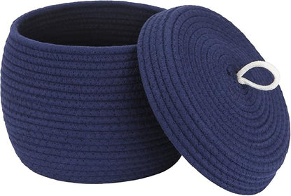 Sea Team Round Cotton Rope Storage Basket with Lid, Decorative Woven Storage Bin, Pot, Caddy, Organizer, Container for Snacks, Towels, Plants, 10 x 7.5 Inches (Small, Dark Blue)