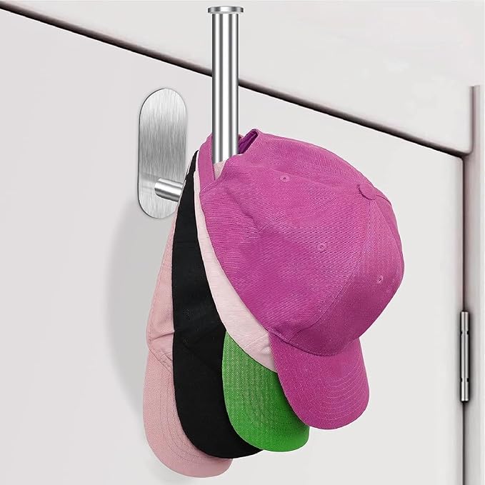Eiito 2 Pack Hat Racks for Baseball Caps, Stainless Steel Hat Organizer for Baseball Cap, Hat Holder Storage Organizer, Hat Hanger Strong Adhesive/Wall for Door,Closet(Silver)