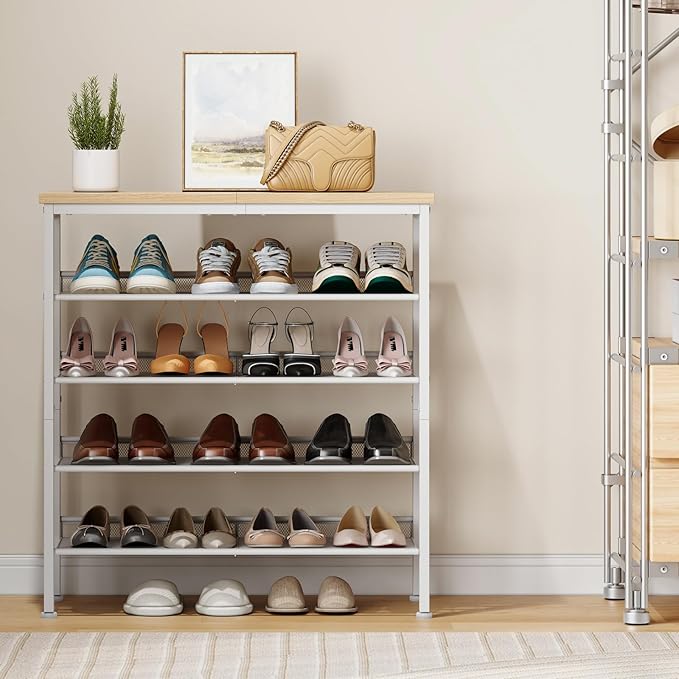 HOOBRO Shoe Rack for Entryway, 5-Tier Shoe Organizer with Adjustable Mesh Shelves, 12-16 Pairs of Shoes, Spacious Floor Mount, Metal, Industrial, Shoe Shelf for Closet, Natural and White WN12XJ01