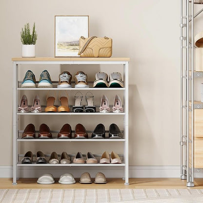 HOOBRO Shoe Rack for Entryway, 5-Tier Shoe Organizer with Adjustable Mesh Shelves, 12-16 Pairs of Shoes, Spacious Floor Mount, Metal, Industrial, Shoe Shelf for Closet, Natural and White WN12XJ01
