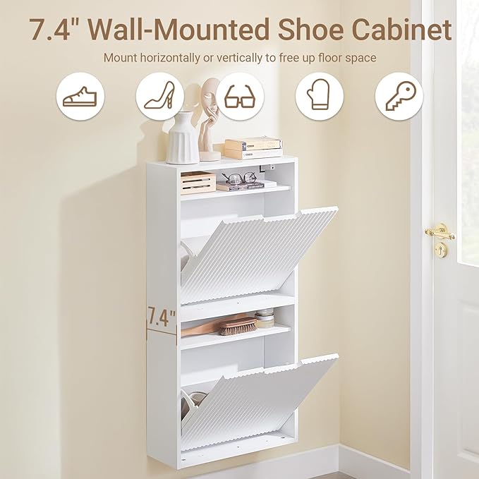 SoBuy Wall Mounted Slim Shoe Cabinet for Entryway, Narrow Shoe Rack Cabinet with 2 Flip Drawers, FSR170 (White)