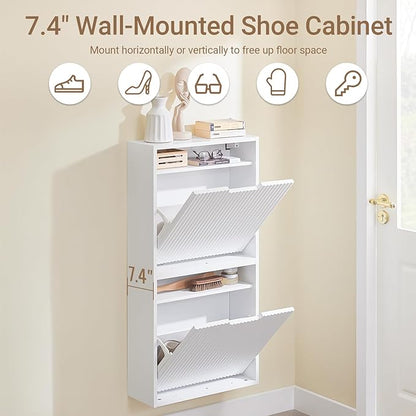 SoBuy Wall Mounted Slim Shoe Cabinet for Entryway, Narrow Shoe Rack Cabinet with 2 Flip Drawers, FSR170 (White)