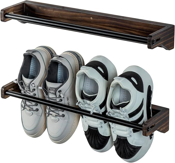 MyGift Wall Mounted Hanging Shoe Rack, Urban Industrial Burnt Solid Wood Shoe Holder Storage Organizer with Matte Black Metal Rails and Adjustable Sizing, Set of 2