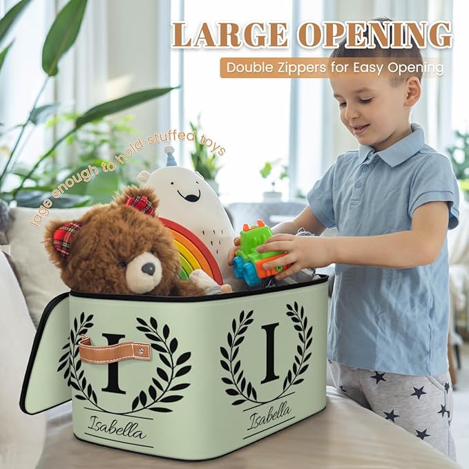 Custom Storage Bins with Lid, Initial Name Personalized Storage Basket Boxes, Eucalyptus Leaves Foldable Closet Organizer Cube, Sage Green
