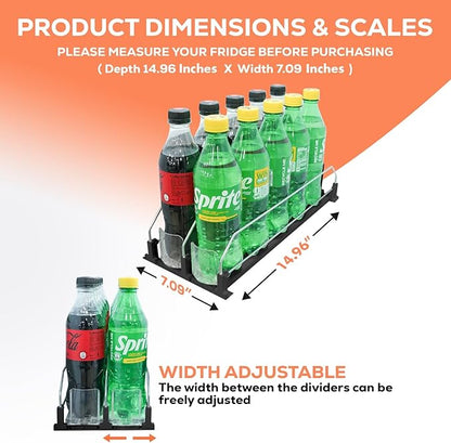 Upgraded Premium Drink Organizer for Fridge. Ultra Space Saving Soda Can Organizer for Refrigerator with Larger Stopper Height and Automatic Pusher with Locking Feature. Holds 10 Cans (2 Rows, Black)