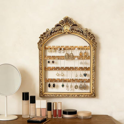 Wall Hanging Earring holder Organizers Vintage Arched Frame 13 x 9.3 Inch 4 Layer Vintage Gold Arched Frame Decorative Earring Organizer Display for Earring Bracelet Necklace Ring Birthday Wedding