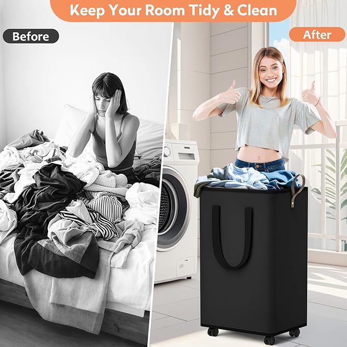 SpaceTrove Laundry Basket with Wheels, Collapsible Laundry Baskets, Laundry Hamper with Handles Detachable Wheels, Rolling Laundry Basket, Dirty Clothes Hamper for Bathroom, Dorm, Bedroom, Black, 80L
