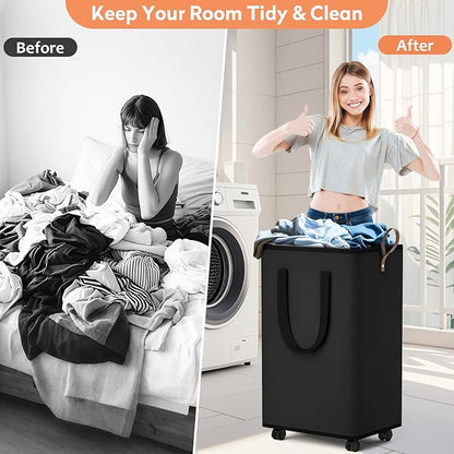SpaceTrove Laundry Basket with Wheels, Collapsible Laundry Baskets, Laundry Hamper with Handles Detachable Wheels, Rolling Laundry Basket, Dirty Clothes Hamper for Bathroom, Dorm, Bedroom, Black, 80L