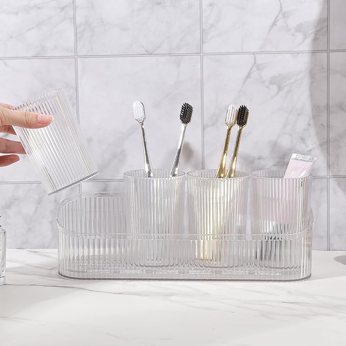 DASITON Makeup Brush Holder Organizer with 4 Cup, Vintage Striped Make Up Brush Holder for Vanity, Bathroom Toothbrush Holders, Acrylic Cosmetic Brushes Storage Organizer Pen Holder (Clear+Clear)
