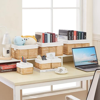 Vagusicc Wicker Storage Basket, 6 Pack Baskets for Organizing, Wicker Baskets with Handle, Rectangular Woven Basket for Storage Shelves, Cube Storage Bins for Closet/Clothes/Dresser, Natural