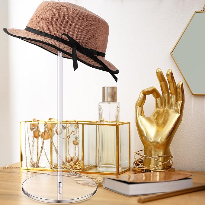 Chunful 4 Sets Acrylic Hat Stand Holder Wig Display Rack Clear Pedestal Stand Baseball Hat Rack Round Acrylic Risers for Tabletop Display Watch Jewelry(16 Inch)