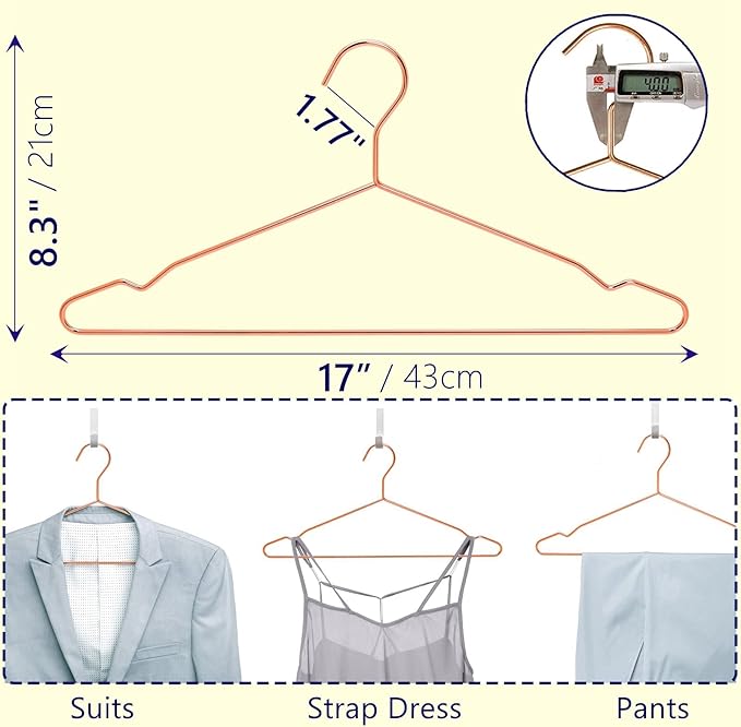 Amber Home 30 Pack 17" Rose Gold Strong Metal Hanger, Copper Clothes Hangers, Heavy Duty Coat Hangers, Standard Suit Hangers for Jacket, Shirt, Dress (Copper, 30)