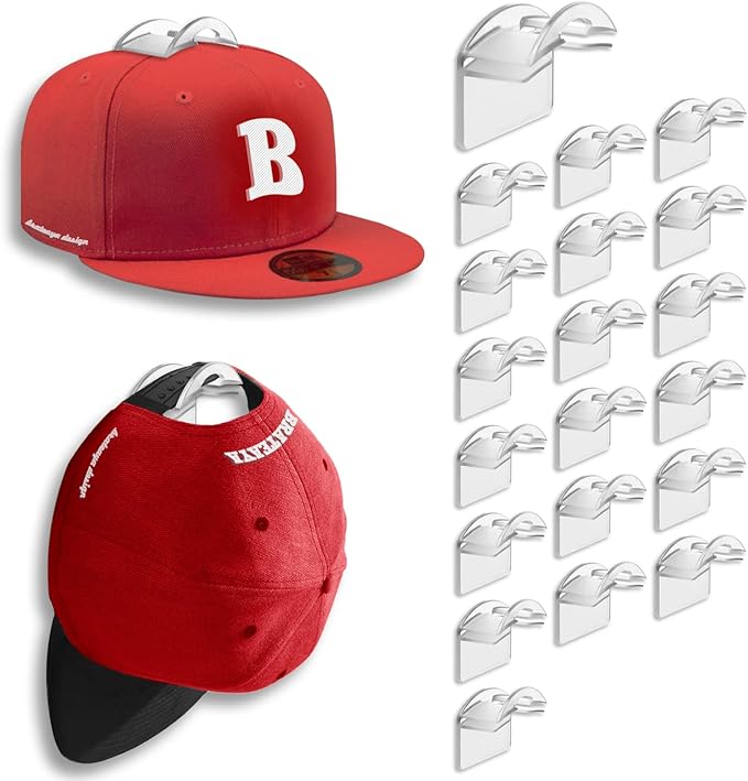 Hat Hangers for Wall, Stronge Adhesive Hat Holders Display, No Driling Caps Holder Organizer, 20 Pack Hat Hook for Baseball Caps, Wall Mounted Cap Rack, Clear