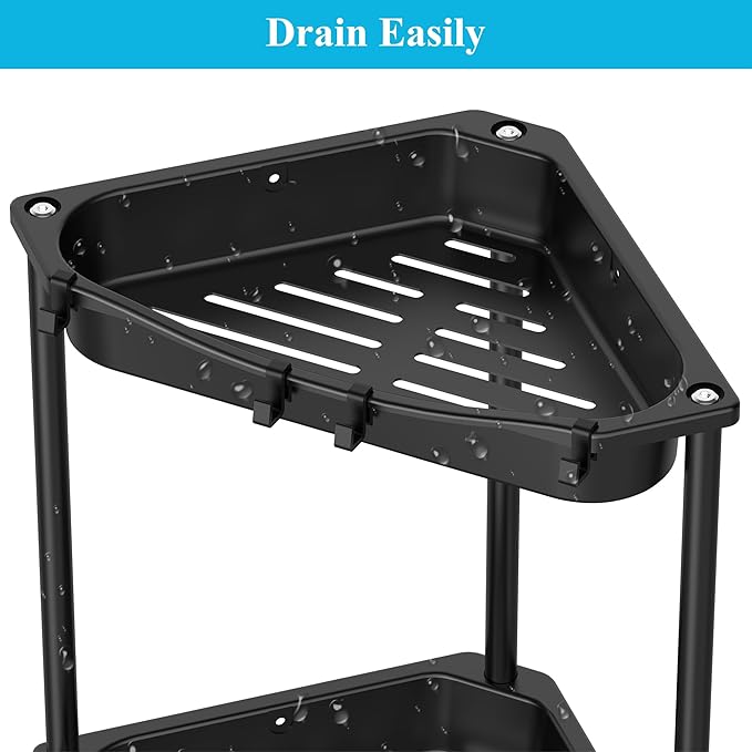 HuggieGems 4 Tier Floor Standing Corner Shower Caddy Organizer Shelf with Hooks, Bathroom Shelves Stand Rack, Jet Black