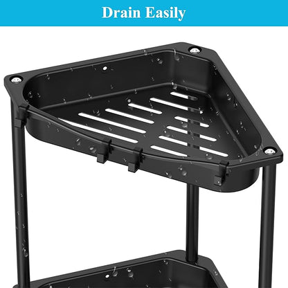 HuggieGems 4 Tier Floor Standing Corner Shower Caddy Organizer Shelf with Hooks, Bathroom Shelves Stand Rack, Jet Black