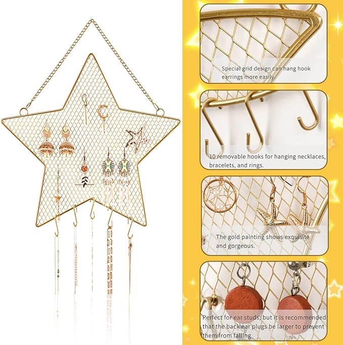 Rolin Roly Earring Wall Holder Mounted Jewelry Rack Hanging Earring Organizer with 7 Hooks Star Shaped for Display Grid Golden Bracelet Necklace Ring