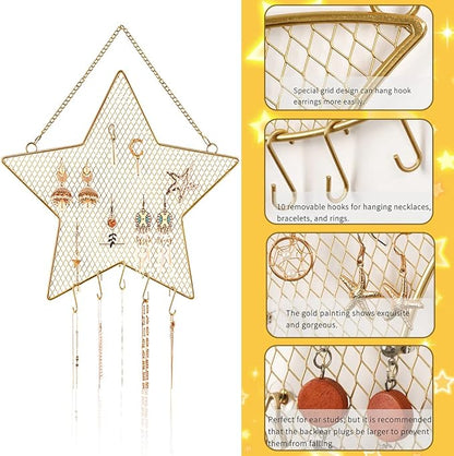 Rolin Roly Earring Wall Holder Mounted Jewelry Rack Hanging Earring Organizer with 7 Hooks Star Shaped for Display Grid Golden Bracelet Necklace Ring