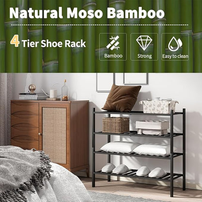4-Tier Bamboo Shoe Rack for Entryway, Stackable | Heavy Duty | Multi-Function, Free Standing Shoe Racks for Bedroom Hallway Closet（Black）