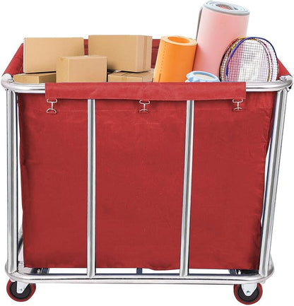 10 Bushels Laundry Cart Commercial/Home,Heavy Duty Large Stainless Steel Rolling Laundry Basket with Wheels，for Laundry Organizer and Storage,260LBS Load (Red)