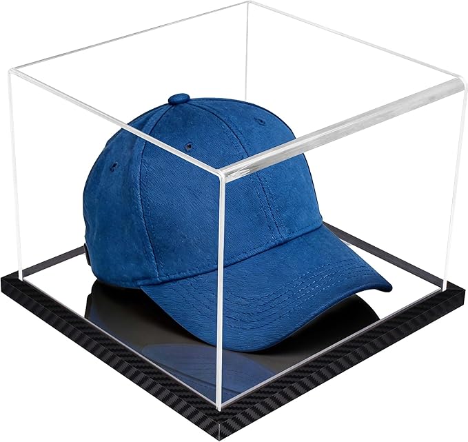 Clear Hat Display Case Acrylic Baseball Cap Holder Stand Transparent Hat Storage Box Dustproof Square UV Protection Cabinet with Carbon Fiber Skin Base and Removable Mirror Base