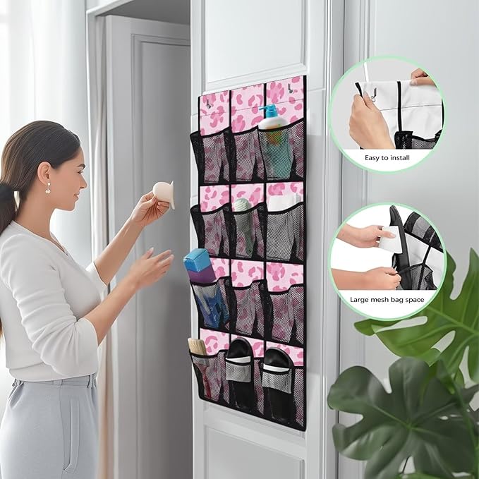 Pink Leopard Behind Door Shoes Hang Holder Rack,Storage for Small Spaces,Over the Door Shoe Organizer with 12 Mesh Large Pockets