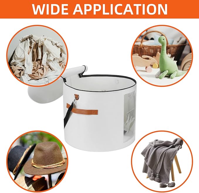 Large Hat Storage Box 19'' for Women and Men - Foldable Round Box With Lid, Felt Stuffed Animal Toy Storage Bin, White