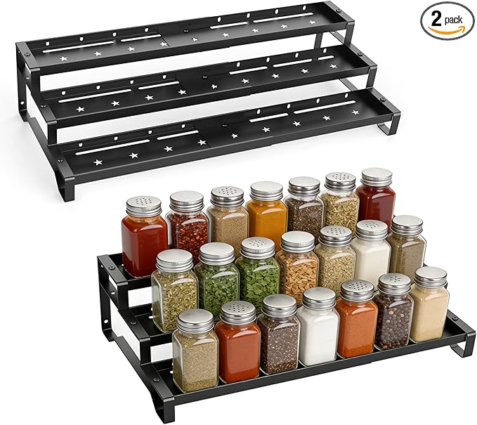SANKEU Expandable Spice Rack Organizer for Cabinet 3 Tiered Metal Seasoning Organization with Guardrails Spice Shelf Storage for Jars Adjustable Length 13"-21" Black 2Pack