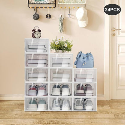 Shoe Organizer Storage Boxes for Closet, 24 Pack Large Boxes Clear Shoes Plastic Storage, White Display Containers Shoe Racks for Storing Sports 13 X 9.1 X 5.5 Inch
