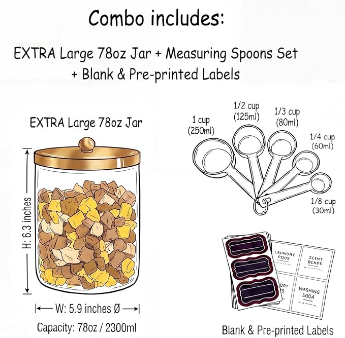 Sheechung 78oz Extra Large Acrylic Jar with Gold Stainless Steel Lid - Clear Plastic Apothecary Jar for Laundry Organization, Scent Beads, Pods, Kitchen Pantry Storage, Pasta, Candy, Bathroom Vanity