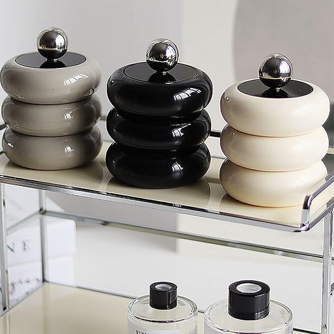 Tissting Qtip Holder Dispenser 7.8 x 10.5 cm Khaki Resin Doughnut Shape Cotton Swab Storage Container with Lid, Qtip Dispenser Jars for Bathroom Vanity